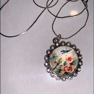 Floral Birds Cabochon a glass dome charm necklace